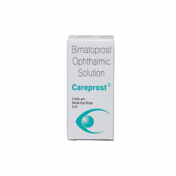 Careprost Bimatoprost Ophthalmic Solution eyelash growth serum box with teal accents and matching bottle, front view