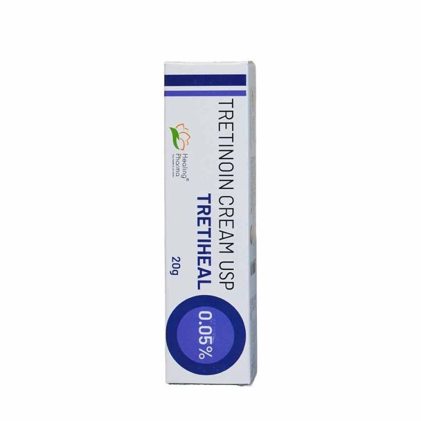 Tretinoin Cream 0.05% white and blue tube with matching carton box, acne treatment skincare packaging close-up