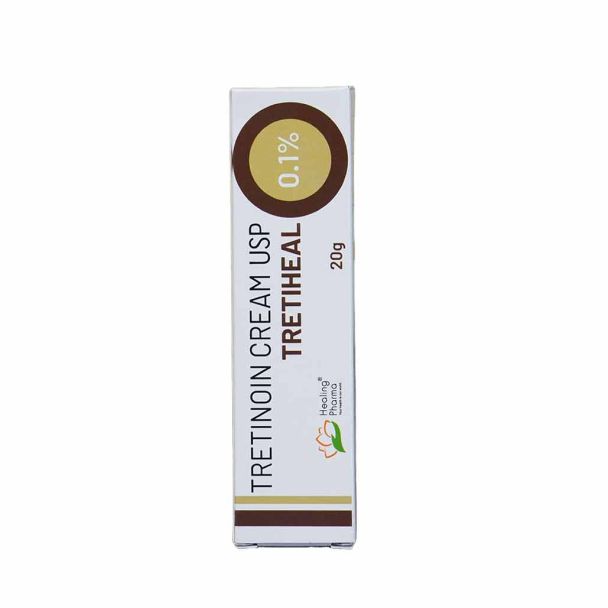 Tretinoin Cream 0.1% acne treatment tube with white and blue packaging, standing upright on a clean background