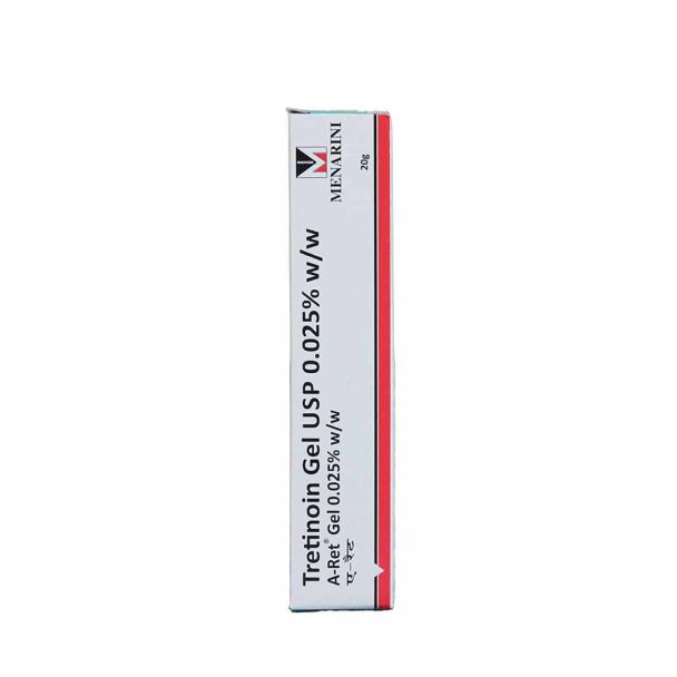 Tretinoin Gel 0.025% acne treatment in a small white and blue tube with cap, shown on clean background