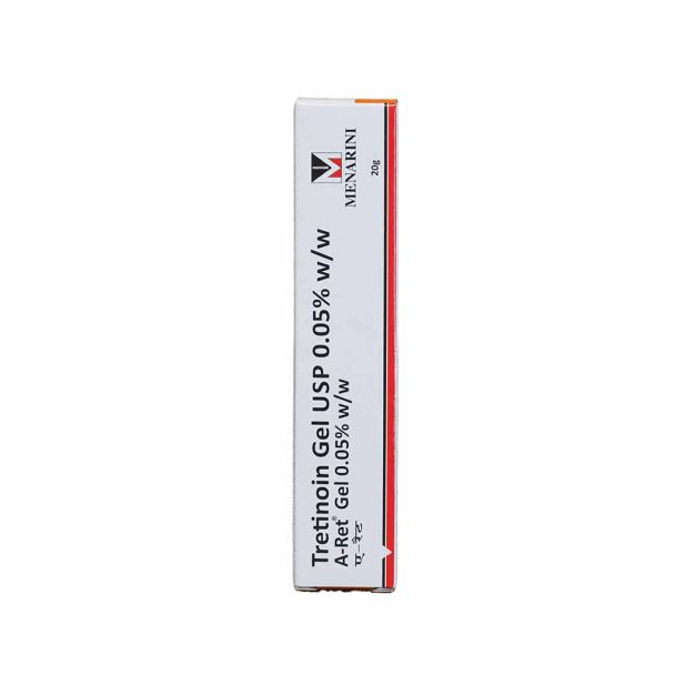 Tretinoin Gel 0.05% white tube with blue accents, labeled acne treatment gel, standing upright on plain background