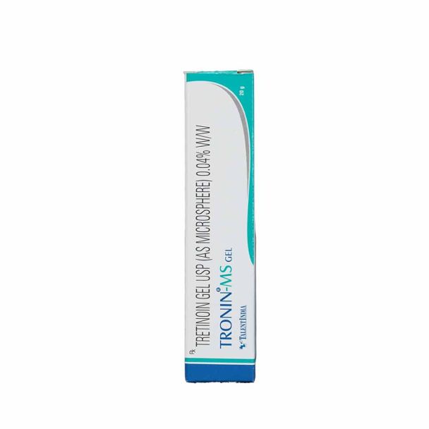 Tretinoin-microsphere-0.04% acne treatment gel tube with white and blue label, shown beside matching box