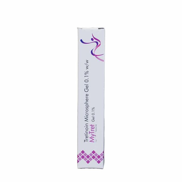 Tretinoin-Microsphere-0.1% acne treatment gel tube with white and blue labeling, standing upright on plain background